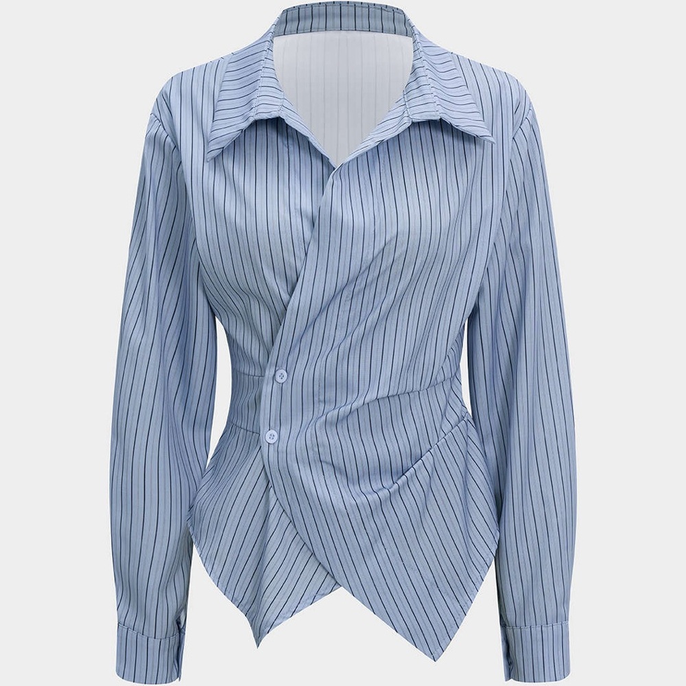 MICAS NWT Stripes Print V-Neck Ruched Long-Sleeve Shirt Size: M